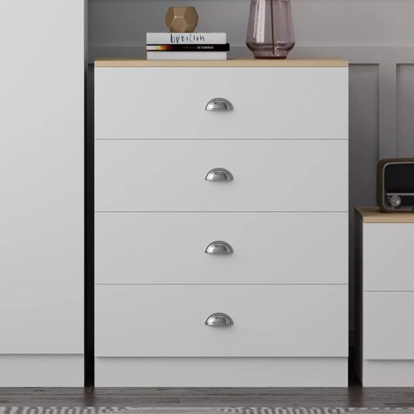 Esher 4 Drawer Chest Of Drawers Matt White Finish With Light Oak Top Bedroom - Image 4