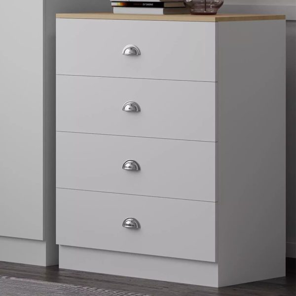 Esher 4 Drawer Chest Of Drawers Matt White Finish With Light Oak Top Bedroom
