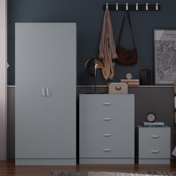 GREY 3 Piece Wardrobe Set Bedside 4 Drawer Chest of Drawers Bedroom Furniture