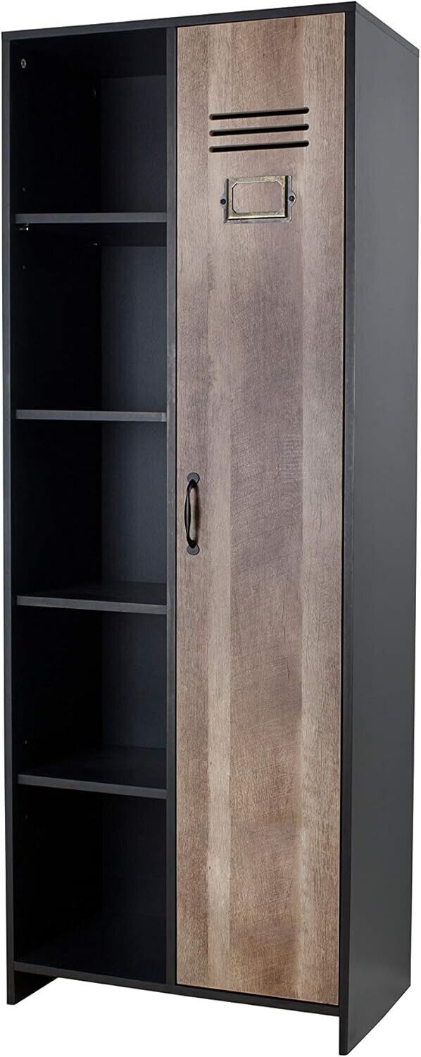 Industrial Design Black Brown 1 Door 5 Shelf Storage Wardrobe Locker style