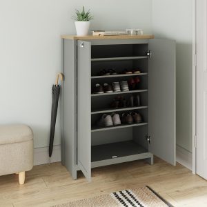 Lancaster 2 Door Shoe Cabinet Grey Shelving Hallway Entryway loads of storage