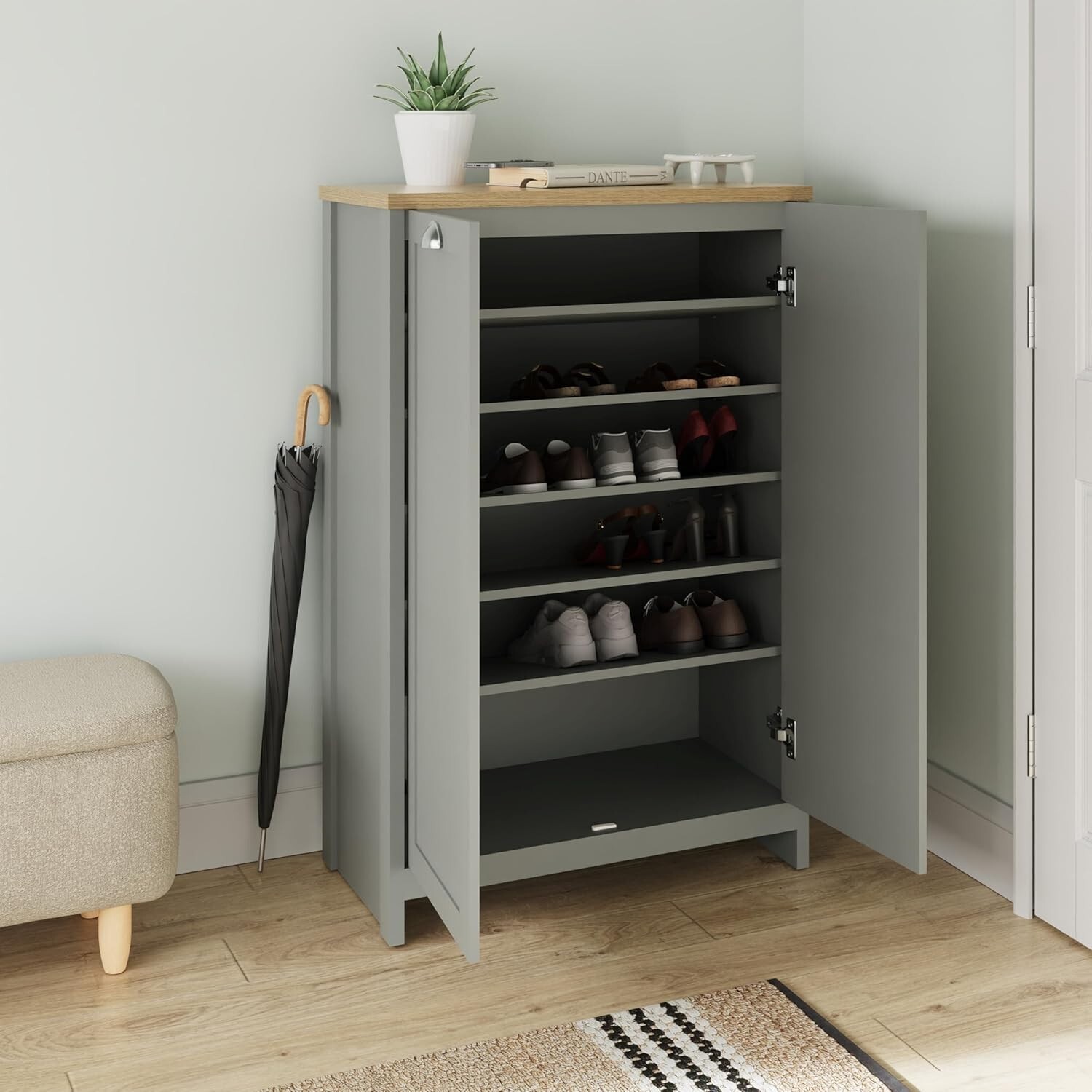 Lancaster 2 Door Shoe Cabinet Grey Shelving Hallway Entryway loads of storage