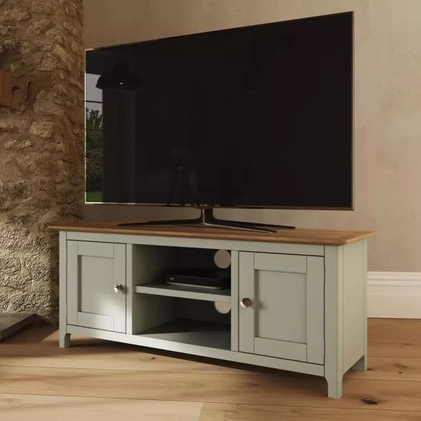 Large 2 Door TV Unit Assembled Sage Green Solid Oak Living Room - Image 3