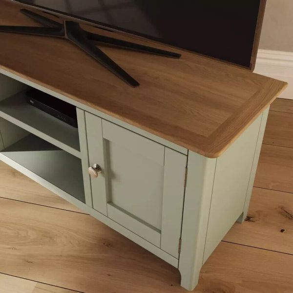 Large 2 Door TV Unit Assembled Sage Green Solid Oak Living Room - Image 4