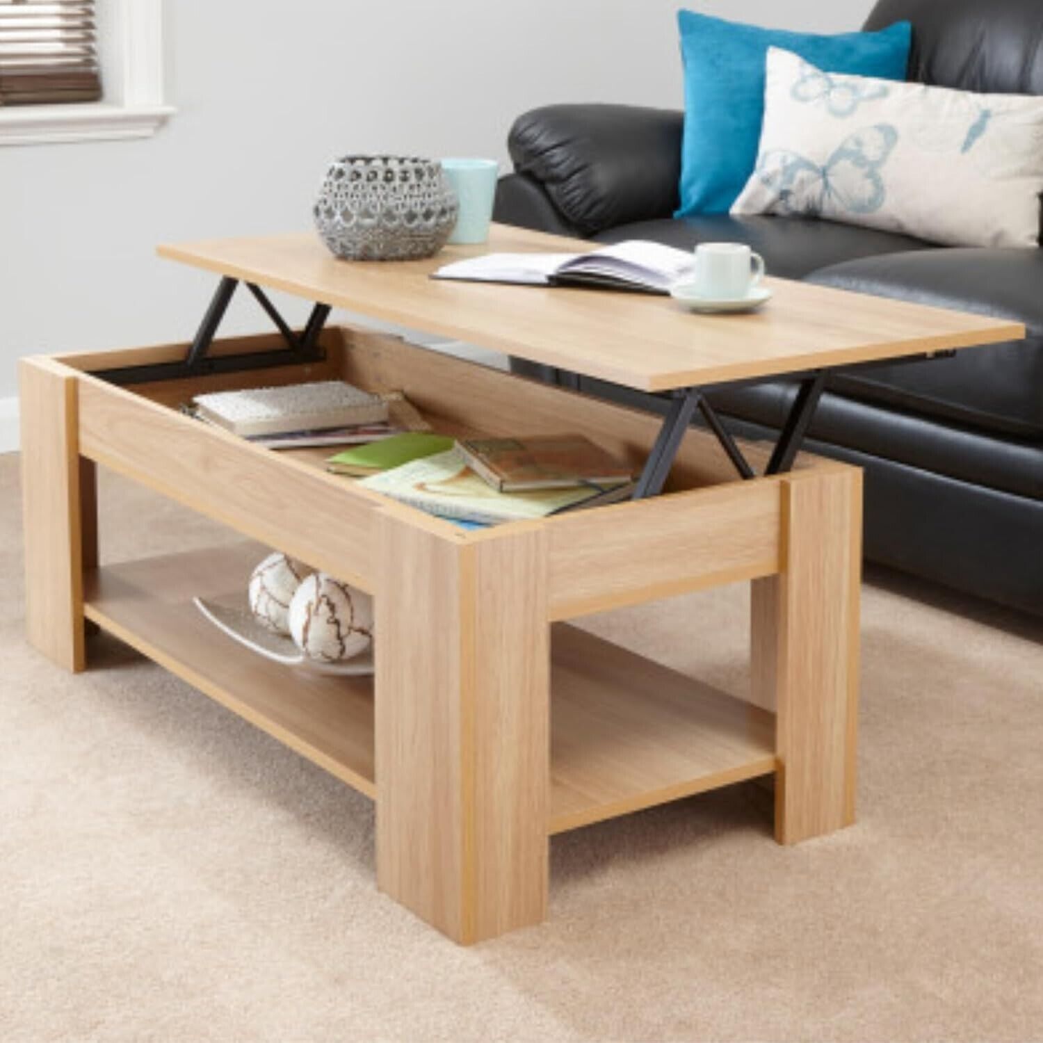Lift Up Coffee Table in Oak with hidden storage H39.5cm x W105cm x D50cm