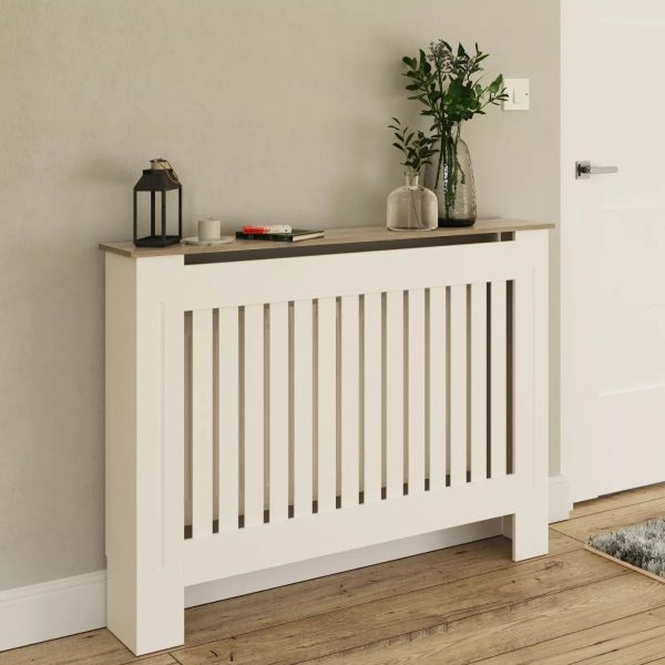 Longslow Medium White Radiator Cover Slatted Wood Design Top Shelf Storage