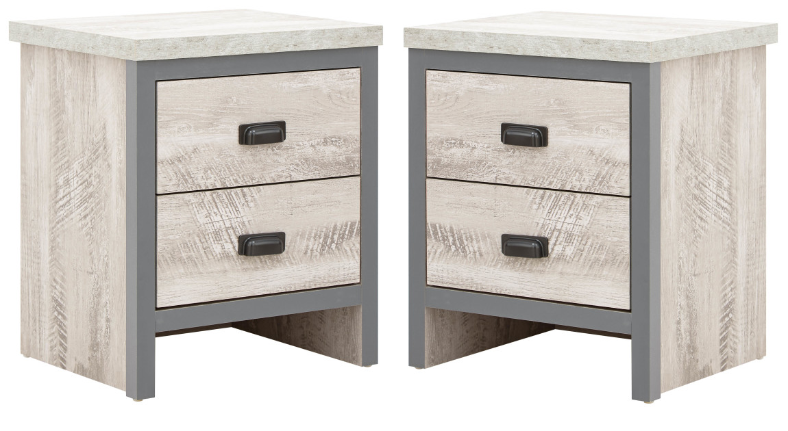 PAIR of Boston 2 Drawer Bedside chest Grey  sturdy distressed-effect finish