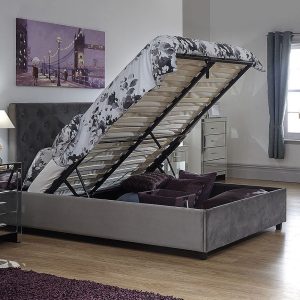 Utah 5ft King Size Soft Velvet Chenille Grey lift up storage bed Ottoman