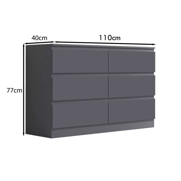 6 Drawer Chest Of Drawers Dark Matt Grey Bedroom Storage Furniture metal runners - Image 4