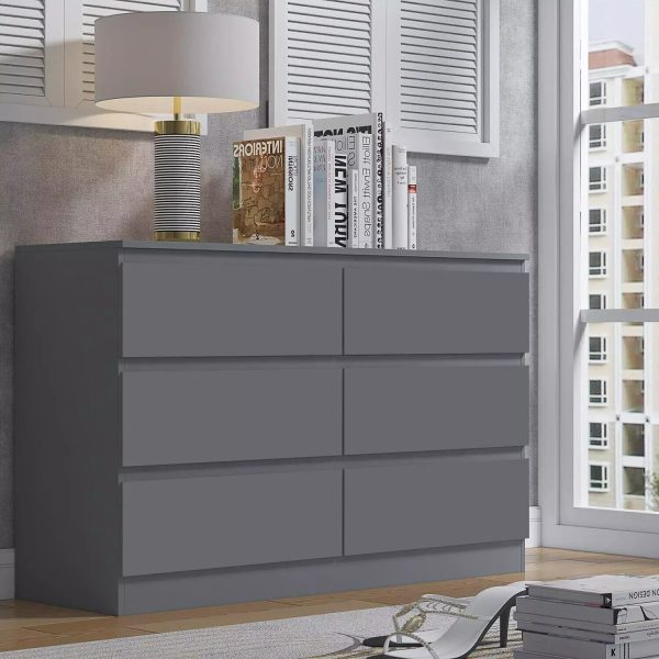 6 Drawer Chest Of Drawers Dark Matt Grey Bedroom Storage Furniture metal runners