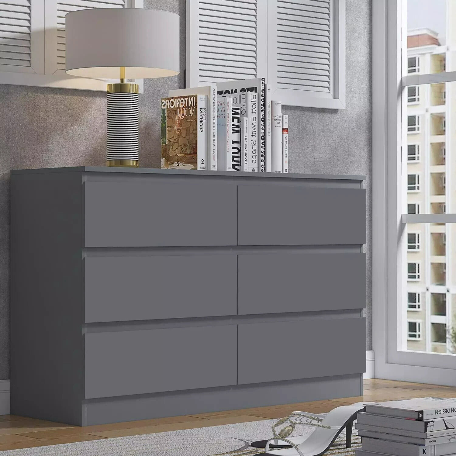 6 Drawer Chest Of Drawers Dark Matt Grey Bedroom Storage Furniture metal runners