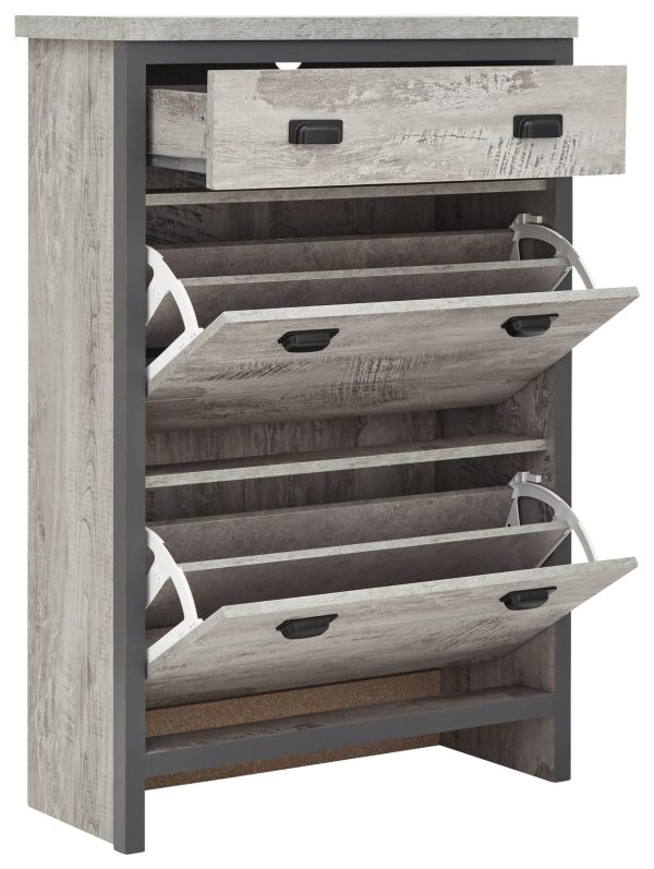 BOSTON PULL DOWN 2 TIER SHOE CABINET RACK WITH DRAWER STORAGE CUPBOARD GREY