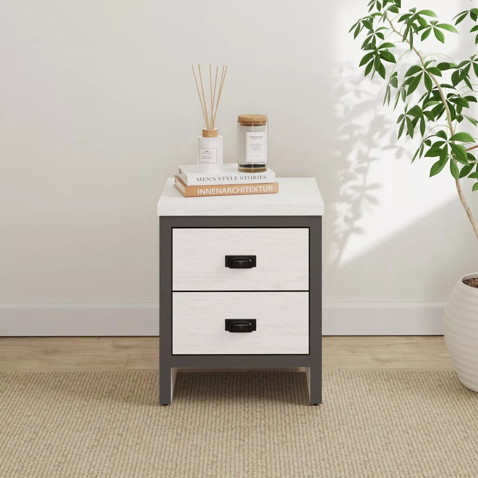 Boston Bedside Cabinet 2 Drawer Storage shelf Side Table End Accent Bedroom