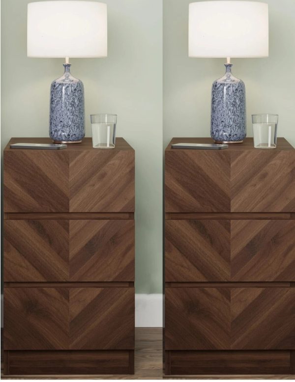 Catania Pair of 3 Drawer Bedside Tables Royal Walnut Iconic Herringbone design - Image 3