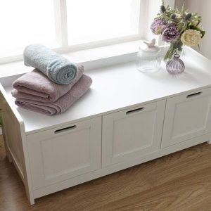 Colonial 3 Door White Storage Bench With Hidden Storage Cupboards For Bathroom.