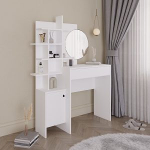 Freyja Dressing Table Set White Large Round Trendy Mirror H152 x W113 x D35cm