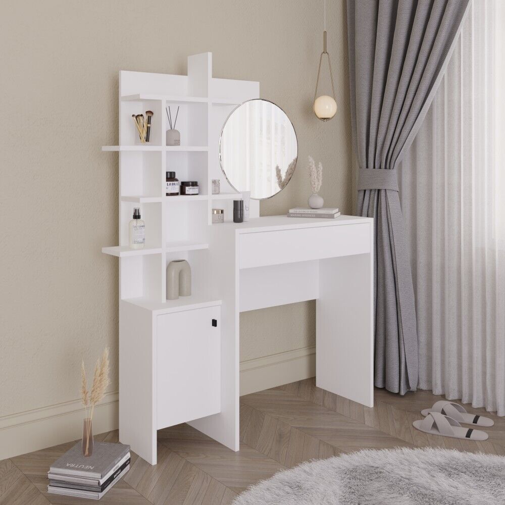 Freyja Dressing Table Set White Large Round Trendy Mirror H152 x W113 x D35cm