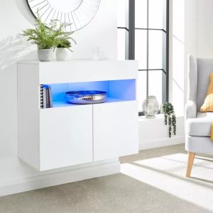 Galicia White Gloss Wall Mounted Hung Sideboard with LED Storage shelves