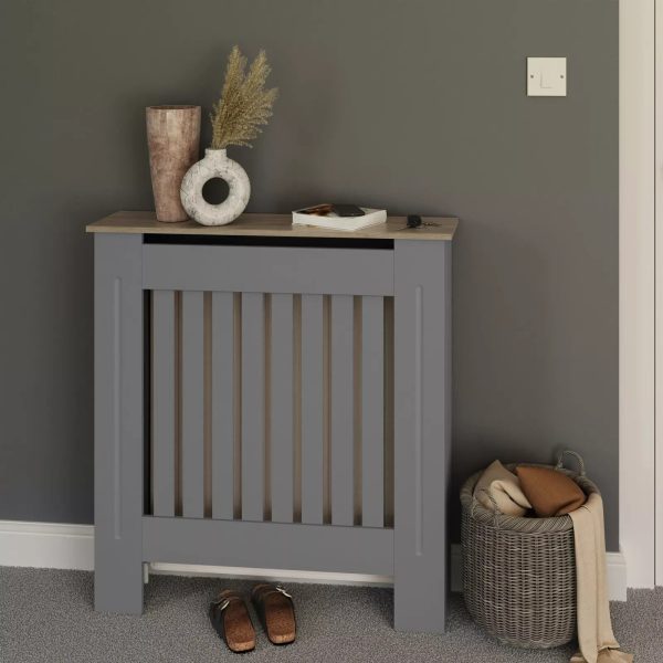 Longslow Small Grey Radiator MDF Cover Slatted Wood Design Top Shelf Storage - Image 3
