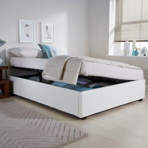 Side Lift Up 5ft King Size Ottoman bed Faux Leather Storage bed White