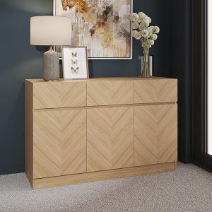 GFW Catania Narrow Large Sideboard Cabinet Unit With 3 Storage Drawers & 3 Storage Cupboards, Oak Furniture For Living Room, Dining Room, Hallway & Office, Euro Oak D39.8 x H76 x W118.8cm