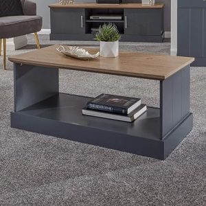 Home Source Occasional Coffee Table Open Storage Shelf and Grooved Panels, Slate Blue, Oak Top, KENCOFSBL