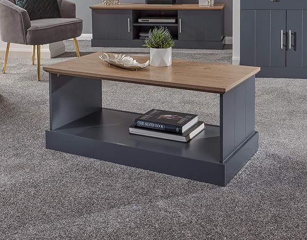 Home Source Occasional Coffee Table Open Storage Shelf and Grooved Panels, Slate Blue, Oak Top, KENCOFSBL